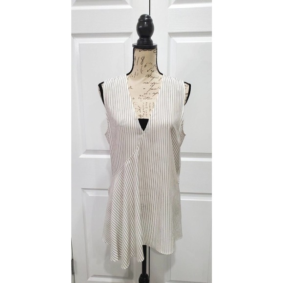 Theory Tops - THEORY White Black Pin Stripe 100% Silk Sleeveless Tunic Top Size Large